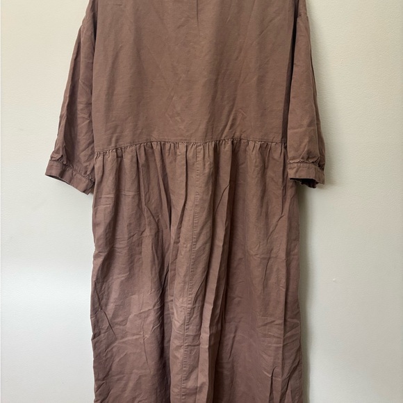 Grae Cove brown linen cotton midi A-line dress 3/4 sleeve round neck pockets L - Picture 3 of 6